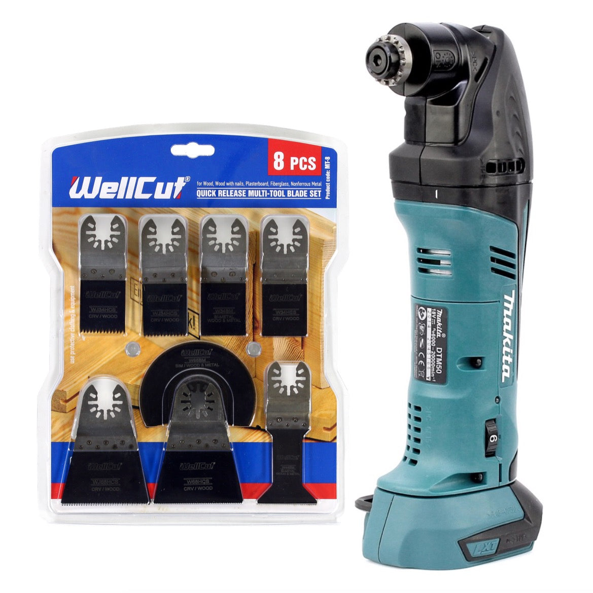Makita DTM 50 Z 18V Li-Ion Akku Multifunktion Werkzeug Solo + WellCut MT-8 8 tlg. Sägeblätter Set