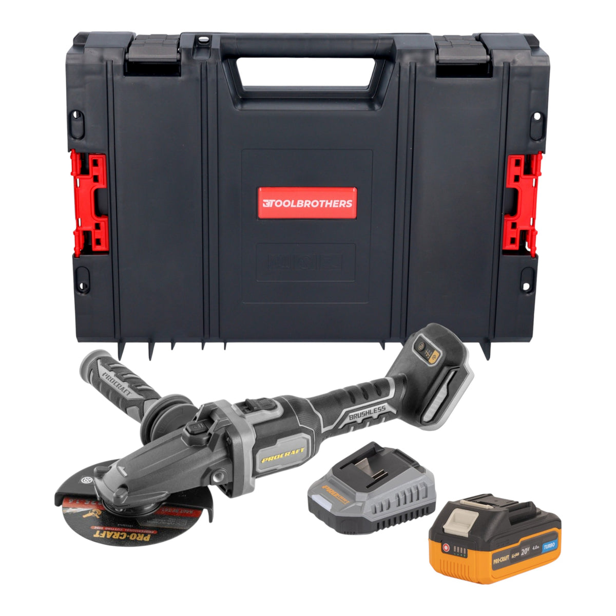 Smerigliatrice angolare a batteria Procraft Industrial AG125Cbb con testa piatta 20 V 125 mm Brushless + 1x batteria 4,0 Ah + caricabatteria + valigetta portautensili RHINO