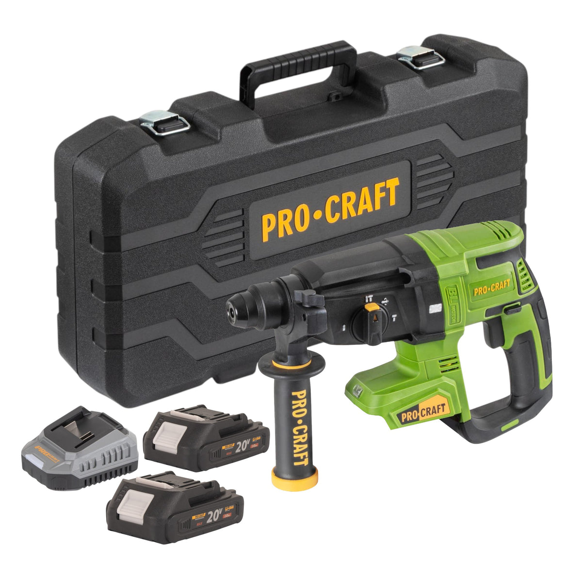 Procraft PHA40bb-c Akku Bohrhammer 20 V 2,6 J SDS plus Brushless + 2x Akku 2,0 Ah + Ladegerät + Koffer