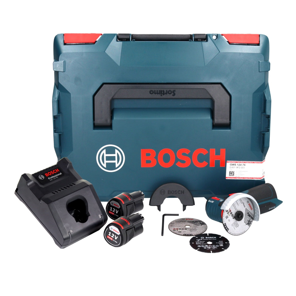 Bosch GWS 12V-76 Smerigliatrice angolare professionale a batteria 12 V 76 mm senza spazzole ( 06019F200B ) + 2x batteria ricaricabile 3,0 Ah + caricabatterie + L-Boxx