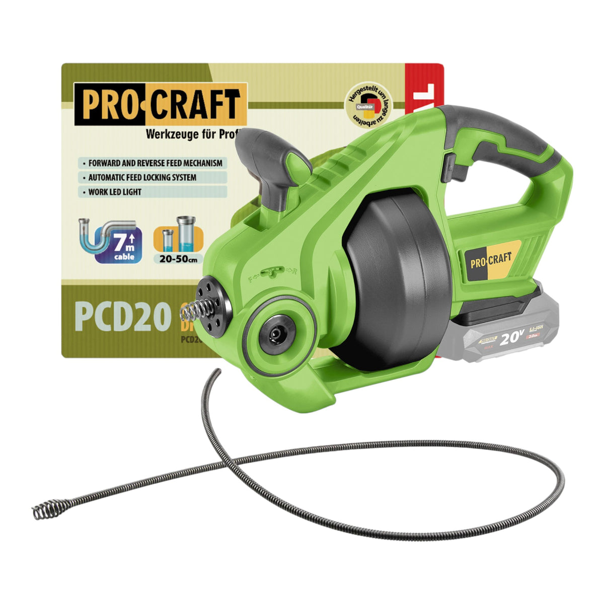 Procraft PCD20-BB Akku Rohrreinigungsgerät 20 V 7 m x 7 mm Brushless Solo - ohne Akku, ohne Ladegerät