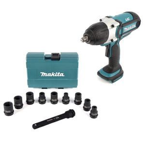 Makita DTW 450 Z 18V Akku Schlagschrauber 1/2" 440Nm Solo + Steckschlüssel Nuss Set 9 tlg. + Verlängerung für Schlagnüsse 150mm