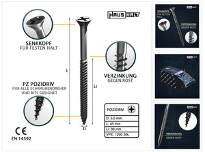 HausHalt Universal Holzbauschraube Holzschraube 5,0 x 45 mm PZ2 1200 Stk. ( 4x 000051371196 ) silber verzinkt Kreuzschlitz Pozidriv Senkkopf Teilgewinde