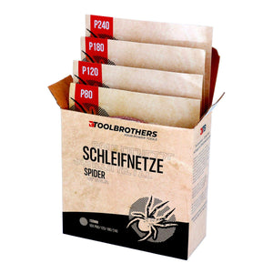 Toolbrothers SPIDER Schleifset Netz 150 mm Klett je 10x P80 / P120 / P180 / 240 für Hartholz, Weichholz, Lack, Stein, Stahl, Aluminium, Furnier