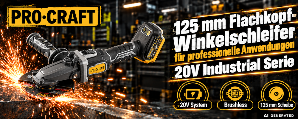 Smerigliatrice angolare a batteria Procraft Industrial AG125Cbb con testa piatta 20 V 125 mm Brushless + 1x batteria 4,0 Ah - senza caricabatteria