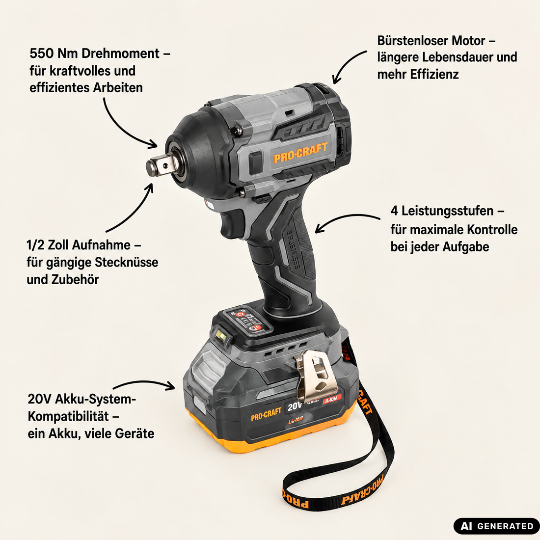 Procraft Industrial IW550Abb Akku Schlagschrauber 20 V 550 Nm 1/2" + 2x Akku 2,0 Ah + Ladegerät