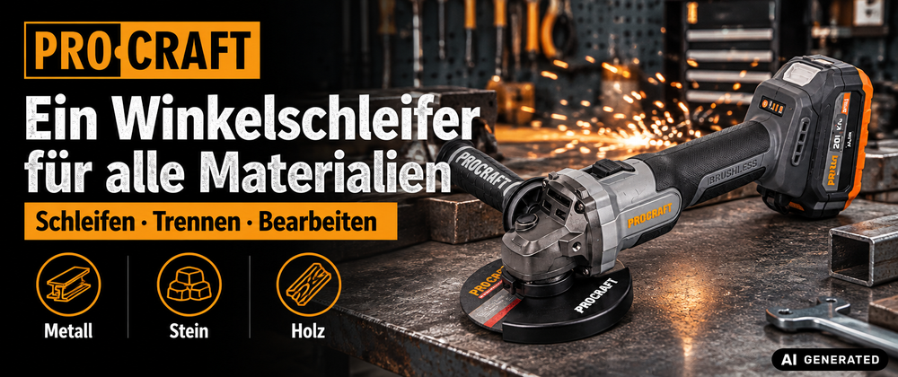 Procraft Industrial AG125Abb Akku Winkelschleifer 20 V 125 mm Brushless + 2x Akku 2,0 Ah + Ladegerät + RHINO Toolcase
