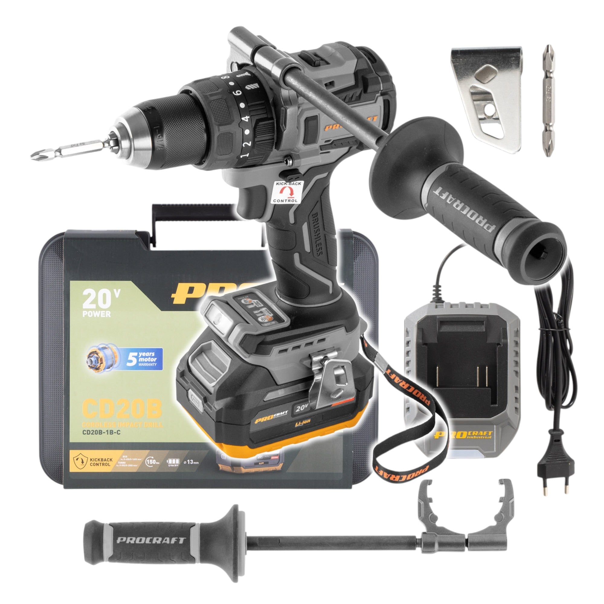 Procraft Industrial CD20B-1b Akku Bohrschrauber 20 V 150 Nm + 1x Akku 4,0 Ah + Ladegerät + Koffer