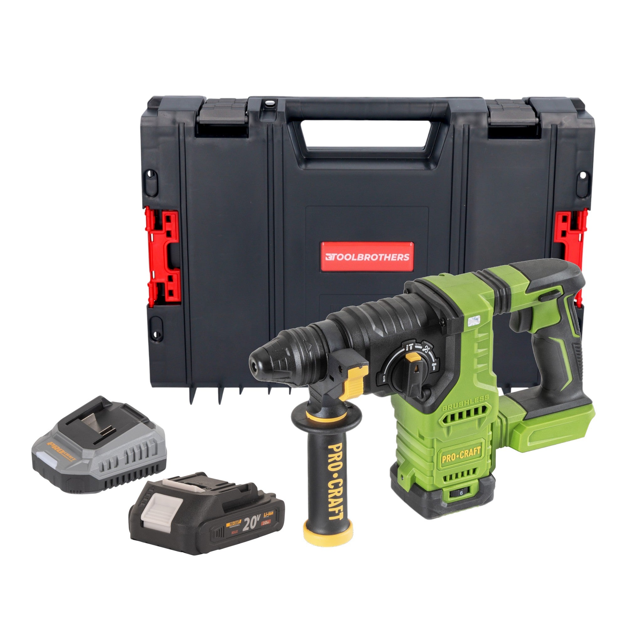 Procraft PHA30bb Akku Bohrhammer 20 V 2,8 J SDS plus Brushless + 1x Akku 2,0 Ah + Ladegerät + RHINO Toolcase