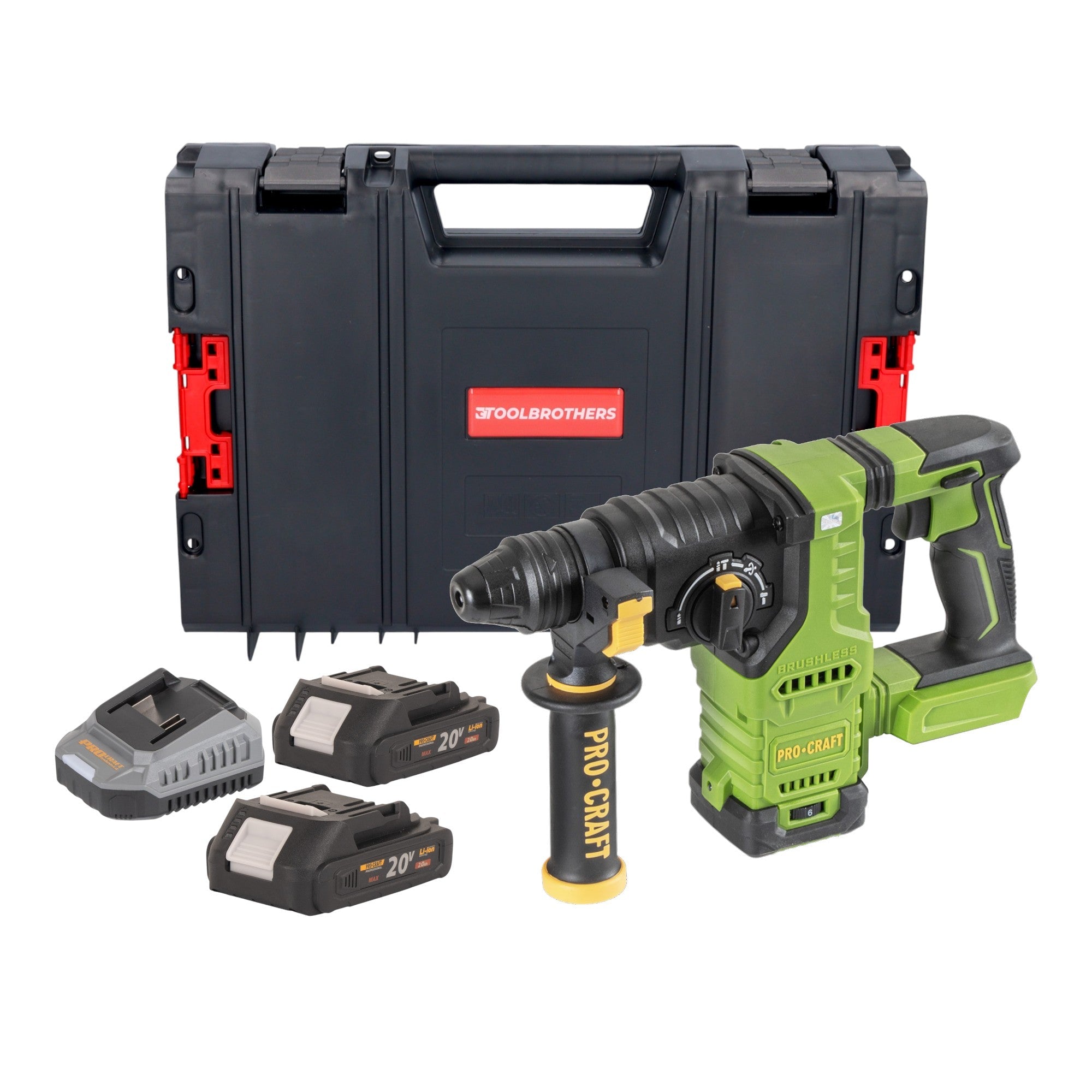 Procraft PHA30bb Akku Bohrhammer 20 V 2,8 J SDS plus Brushless + 2x Akku 2,0 Ah + Ladegerät + RHINO Toolcase