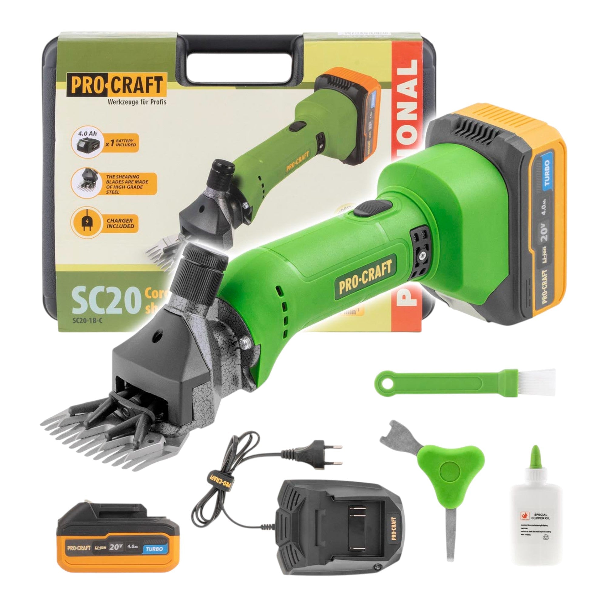 Procraft SC20 Akku Schafschermaschine 20 V 76 mm + 1x Akku 4,0 Ah + Ladegerät + Koffer