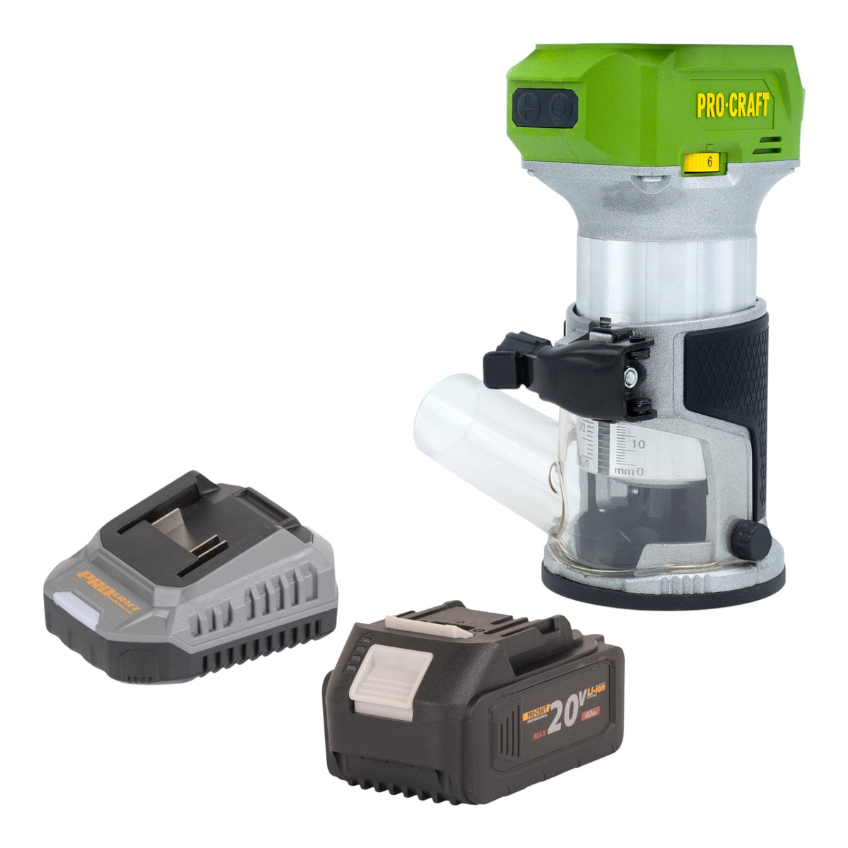 Procraft POB24bb Akku Multifunktionsfräse 20 V 6 / 8 mm Brushless + 1x Akku 4,0 Ah + Ladegerät