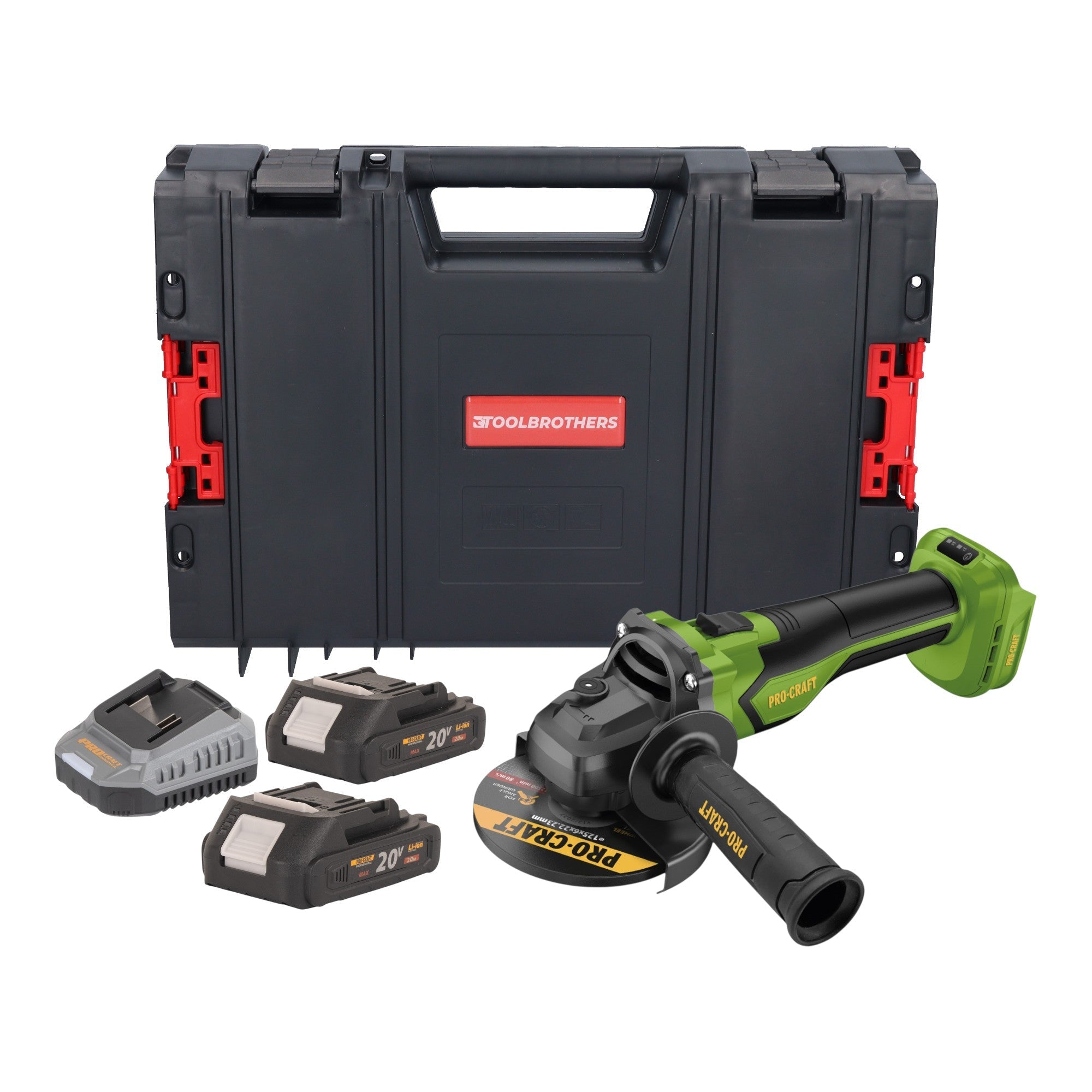 Procraft PGA22-BB Akku Winkelschleifer 20 V 125 mm Brushless + 2x Akku 2,0 Ah + Ladegerät + RHINO Toolcase