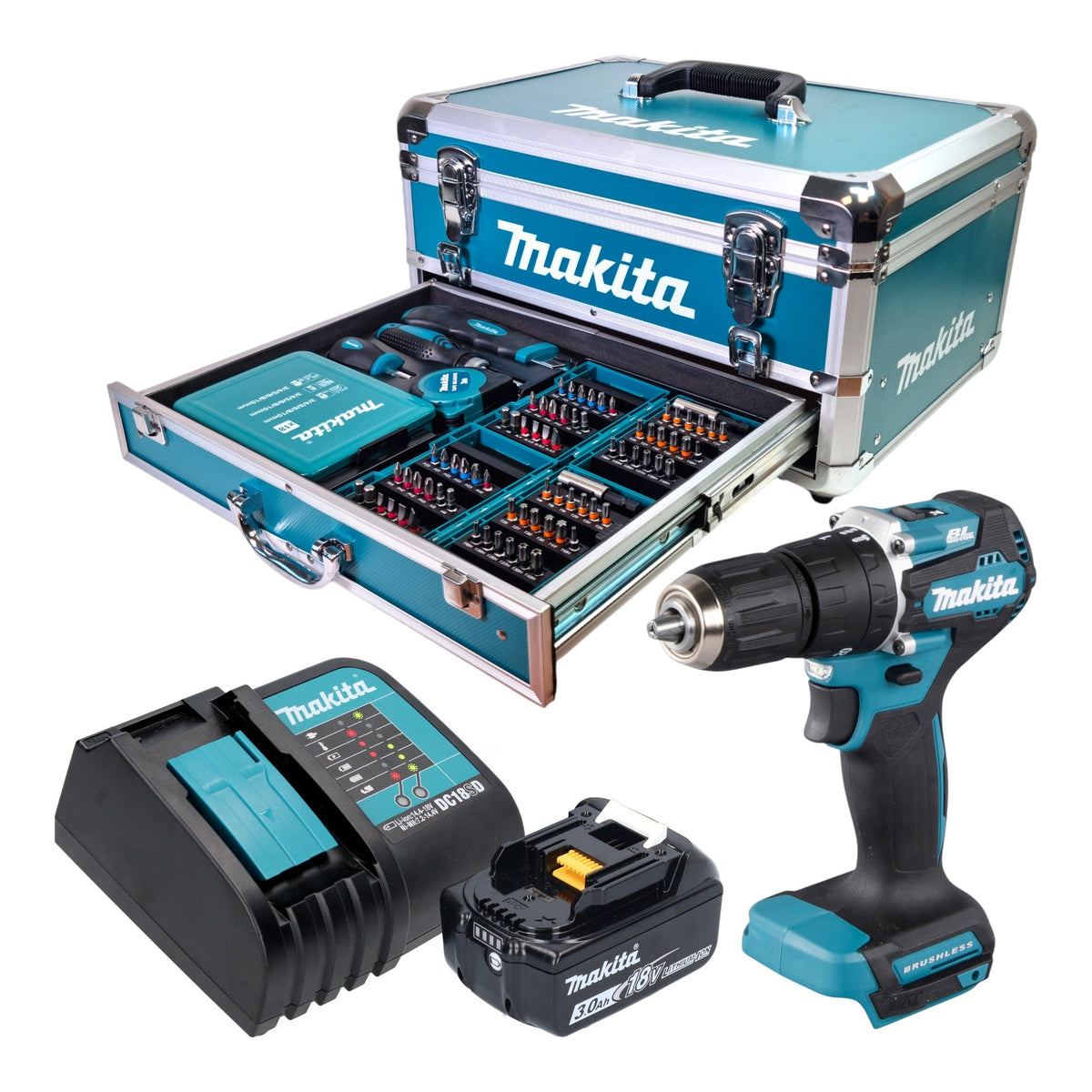 Makita DHP 487 SF1X9 Akku Schlagbohrschrauber 18 V 40 Nm Brushless + 1x Akku 3,0 Ah + Ladegerät + 96 tlg. Zubehör Set + Koffer