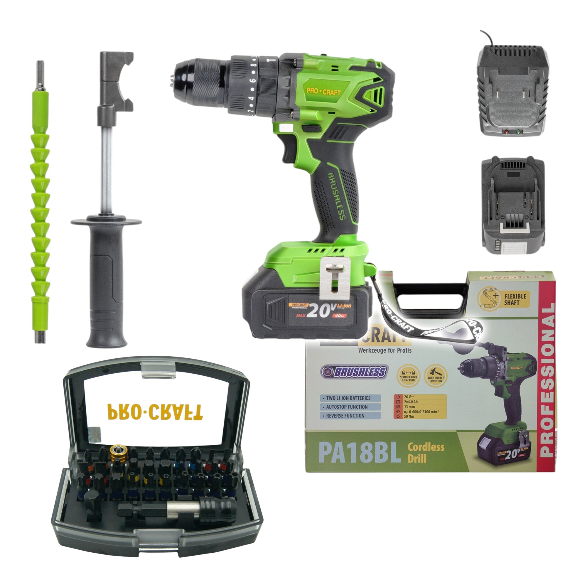 Procraft PA18BL Akku Schlagbohrschrauber 20 V 50 Nm Brushless + 2x Akku 4,0 Ah + Ladegerät + 32 tlg. Bit Set + Koffer
