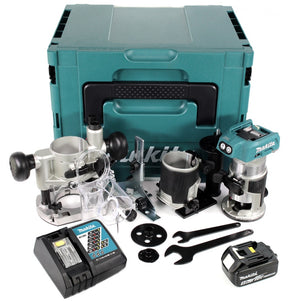 Makita DRT 50 RTJ X2 18 V Li-Ion Affleureuse plaque de plâtre sans fil Brushless avec boîtier Makpac + 1x Batterie BL 1850 5,0 Ah + Chargeur DC18RC + Module de fraisage