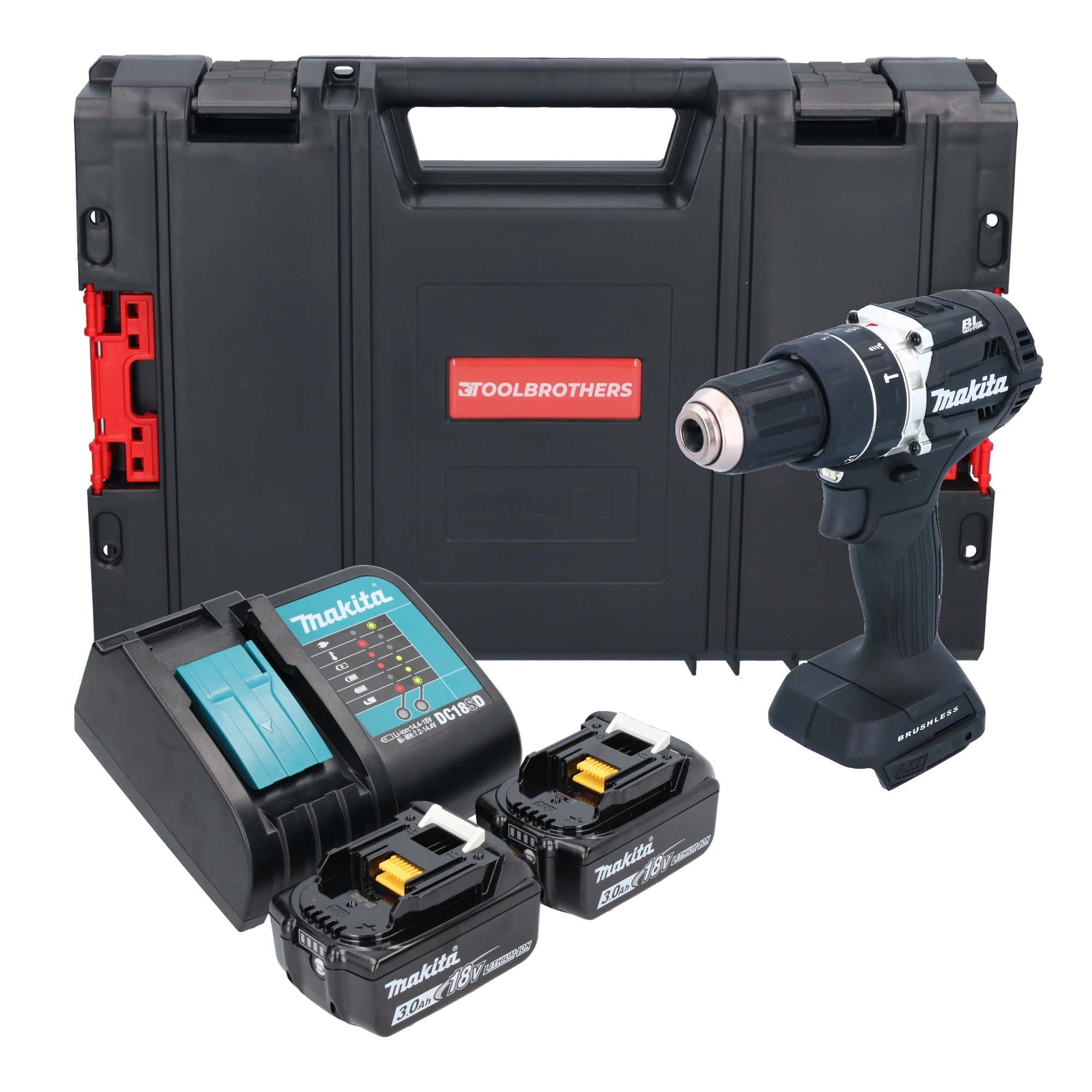 Makita DHP 484 SFJB R Akku Schlagbohrschrauber 18 V 54 Nm Brushless Schwarz 2x Akku 3 0 Ah Ladegeraet RHINO 0 - toolbrothers