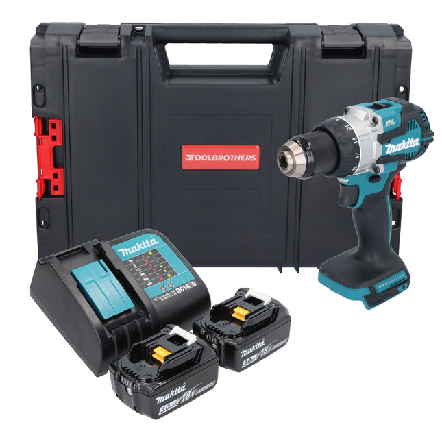 Taladro de percusión sin cable Makita DHP 489 SFJ-R 18 V 73 Nm sin escobillas + 2x batería recargable 3,0 Ah + cargador + RHINO