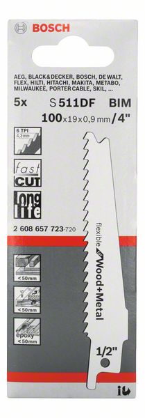 Hoja de sierra de sable BOSCH S 511 DF Longitud 100 mm Anchura 19 mm ( 8000343746 )