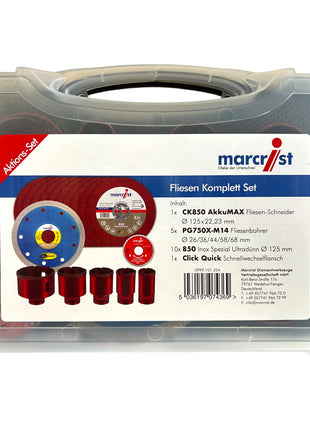 Marcrist complete tile set 125 mm + 1x tile cutter + 5x tile drills + 10x stainless steel cutting disc + 1x quick-change flange ( 3999.101.354 ) + case