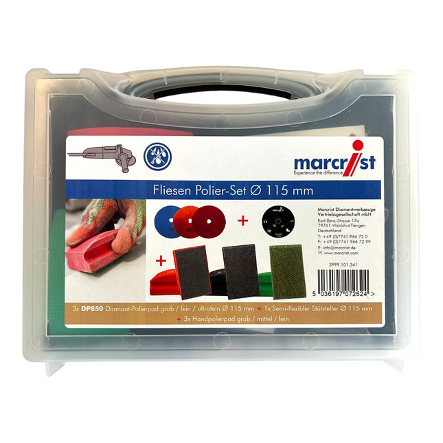 Marcrist tile polishing set 115mm + 1x velcro backing pad + 3x velcro diamond disc + 3x hand polishing pad ( 3999.101.341 ) + case