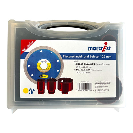 Marcrist tile cutting and drilling set 125 mm + 1x cutting disc + 3x dry drill bits ( 3999.101.234 ) + case