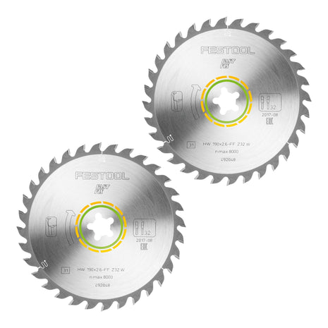 Hoja de sierra circular Festool HW 190x2,6 FF W32 MADERA UNIVERSAL 2 piezas (2x 492048) 190 x 2,6 mm 32 dientes para toda la madera, materiales derivados de la madera, paneles de materiales de construcción, placas de fibra de yeso, plástico blando