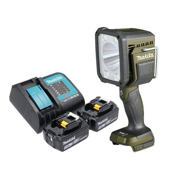 Foco de mano inalámbrico Makita DML 812 ST 18 V 1250 lm LED verde oliva outdoor adventure special edition + 2x batería recargable 5,0 Ah + cargador