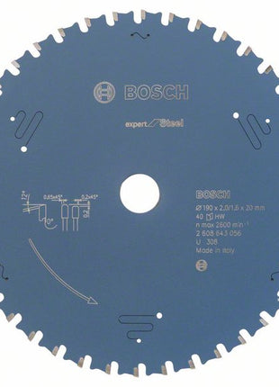 Lame de scie circulaire Expert for Steel Bosch, 190 x 20 x 2,0 mm, 40 ( 2608643056 )