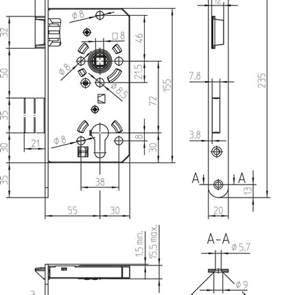 SSF Zimmertür-Einsteckschloss  PZW 20/ 55/72/8 mm DIN rechts ( 3000251015 )