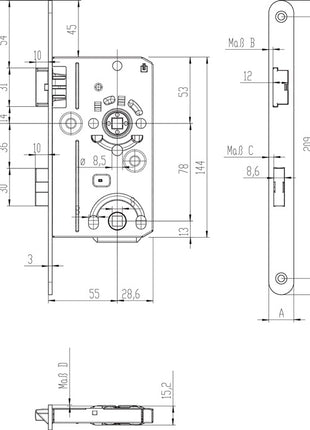 SSF Mortise door lock BAD20/55/78/8 mm DIN left ( 3000251029 )