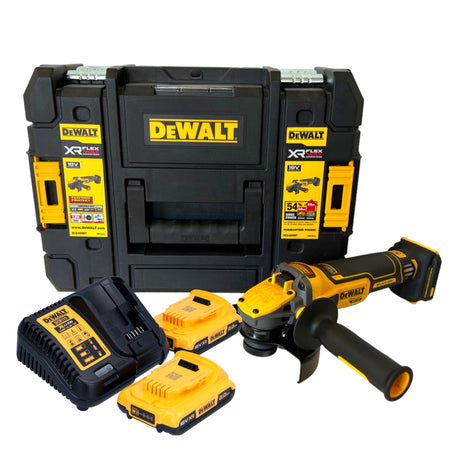 Amoladora angular a batería DeWalt DCG 409 D2T 18 V 125 mm sin escobillas + 2x baterías 2,0 Ah + cargador + TSTAK