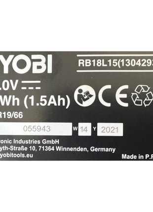 Batería recargable Ryobi RB18L15 18 V 1,5 Ah / 1500 mAh Li-Ion ONE+ ( 5133001905 ) con indicador de nivel de carga