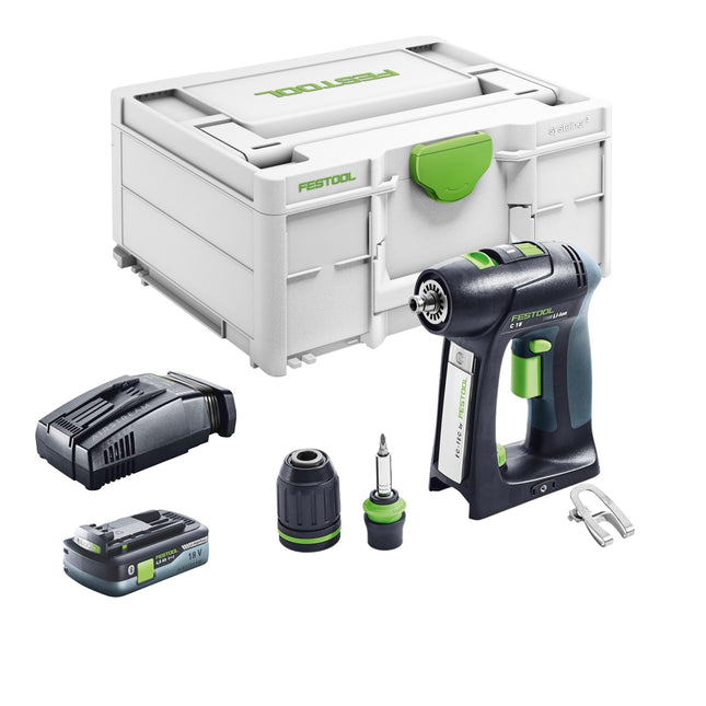 Festool C 18 Basic Taladro atornillador con batería 18 V 45 Nm sin escobillas + 1 batería 4,0 Ah + cargador rápido + Systainer