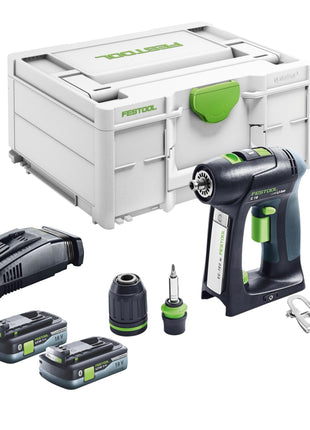 Taladro atornillador a batería Festool C 18 Basic 18 V 45 Nm sin escobillas + 2 baterías 4,0 Ah + cargador rápido + systainer