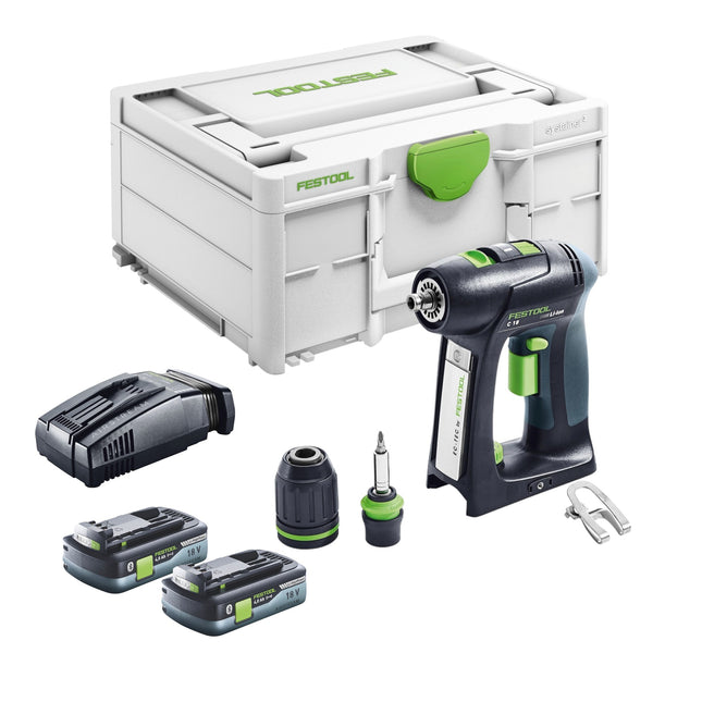 Festool C 18 Basic Taladro atornillador a batería 18 V 45 Nm sin escobillas + 2 baterías de 4,0 Ah + cargador rápido + Systainer