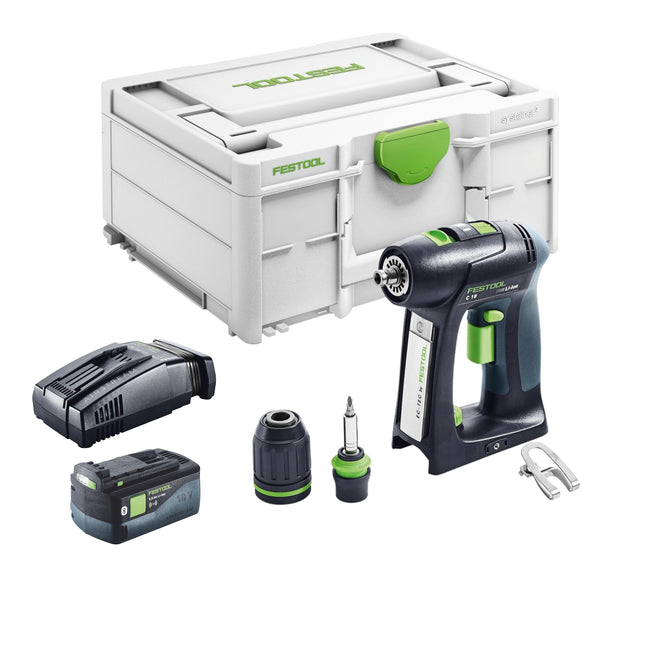 Festool C 18 Basic Taladro atornillador con batería 18 V 45 Nm sin escobillas + 1 batería 5,0 Ah + cargador rápido + Systainer