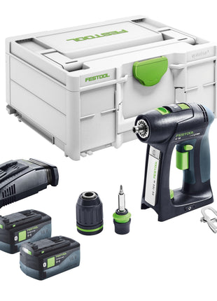 Taladro atornillador a batería Festool C 18 Basic 18 V 45 Nm sin escobillas + 2 baterías 5,0 Ah + cargador rápido + systainer