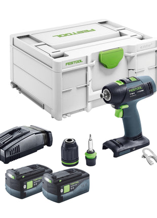 Festool T 18+3 Basic taladro atornillador a batería 18 V 50 Nm sin escobillas + 2 baterías 5,0 Ah + cargador rápido + systainer