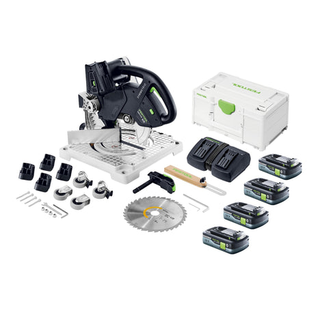 Festool SYMC 70 EB-Basic SYMMETRIC cordless moulding saw 36 V ( 2 x 18 V ) 216 mm + 4x rechargeable battery 4.0 Ah + double charger + Systainer