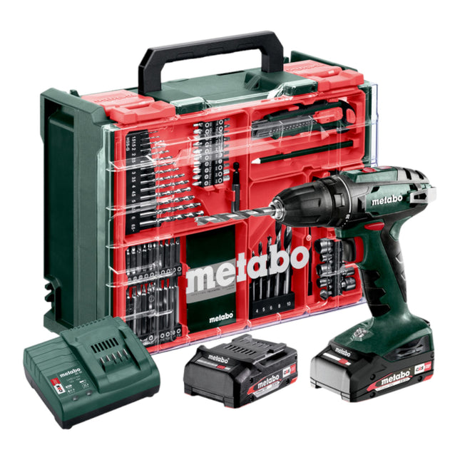 Metabo BS 18 Set taladro atornillador a batería 18 V 48 Nm ( 602207710 ) + 2x batería 2.0 Ah + cargador + 74 pzs. taller móvil + maletín