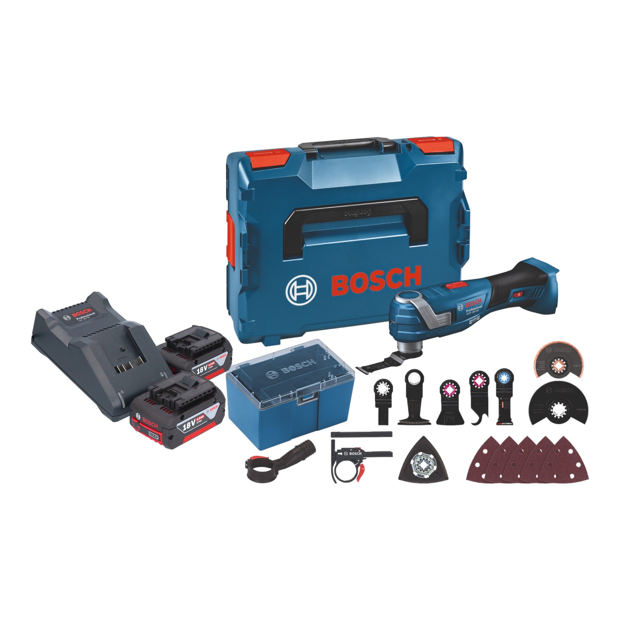 Bosch GOP 18V 34 Professional Akku Multi Cutter 18 V Starlock Plus 2x Akku 4 0 Ah Ladegeraet 17 tlg Zubehoer L Boxx 0 - toolbrothers