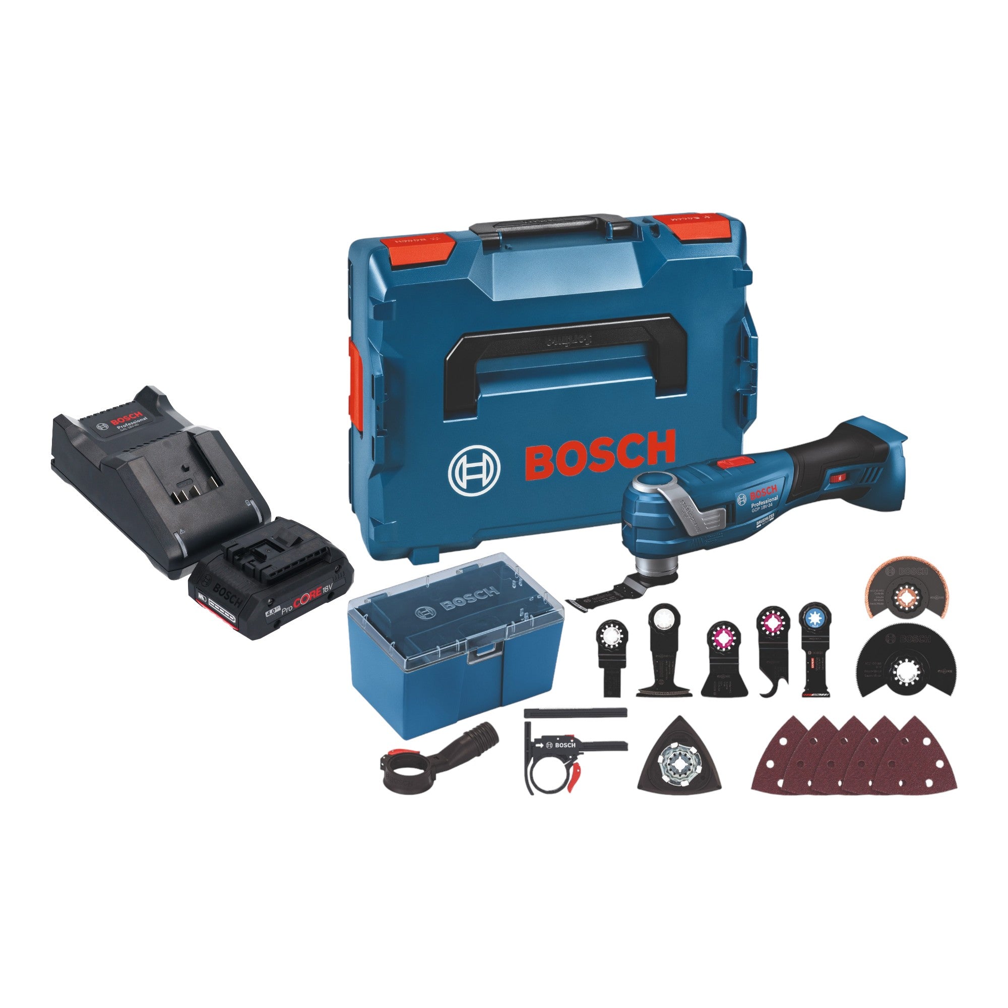 Bosch GOP 18V 34 Professional Akku Multi Cutter 18 V Starlock Plus 1x ProCore Akku 4 0 Ah Ladegeraet 17 tlg Zubehoer L Boxx 0 - toolbrothers