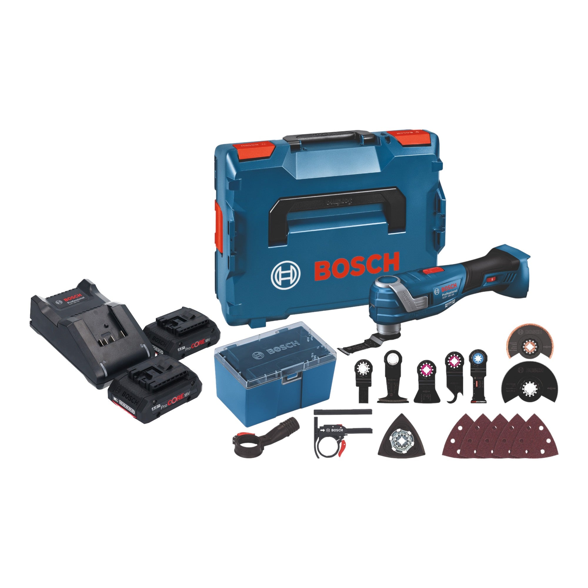 Bosch GOP 18V 34 Professional Akku Multi Cutter 18 V Starlock Plus 2x ProCore Akku 4 0 Ah Ladegeraet 17 tlg Zubehoer L Boxx 0 - toolbrothers