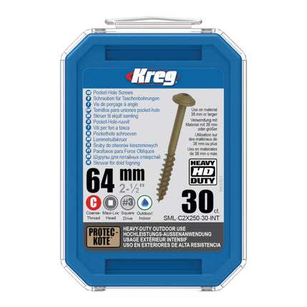 Kreg 2x HD Protec-Kote Maxi-Loc viti per fori tascabili 64 mm ( 2x SML-C2X250-30-INT ) filettatura grossa 60 pezzi