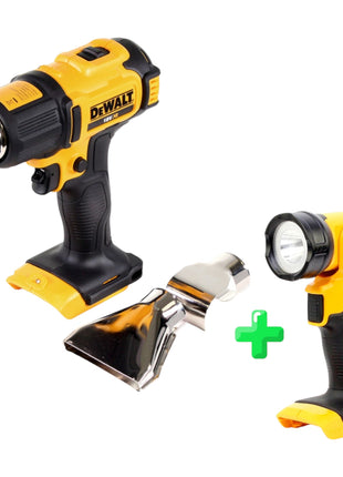 Pistola de aire caliente DeWalt DCE 530 N batería 18V 530°C Solo + boquilla de superficie y reflector + lámpara de batería DeWalt DCL 040 18V XR Li-Ion