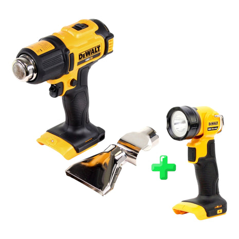 DeWalt DCE 530 N Akku Heißluftpistole 18V 530°C Solo + Flächen- und Reflektordüse + DeWalt DCL 040 18V XR Li-Ion Akku Lampe