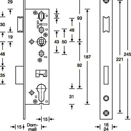 SSF Tubular frame mortise lock ( 3324024269 ) PZW 24/45/92/8 mm DIN left / right deadbolt recess 15 mm 245 mm