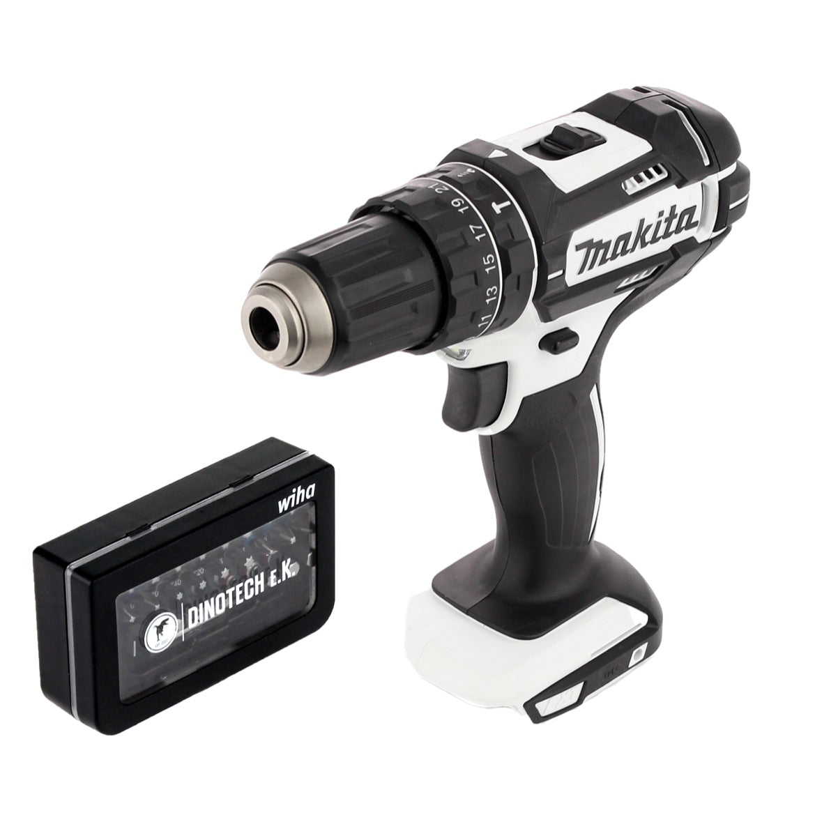 Makita DHP 482 ZW Akku Schlagbohrschrauber 18V 62Nm Solo + 31 tlg. Wiha Bit Set Dinotech Edition