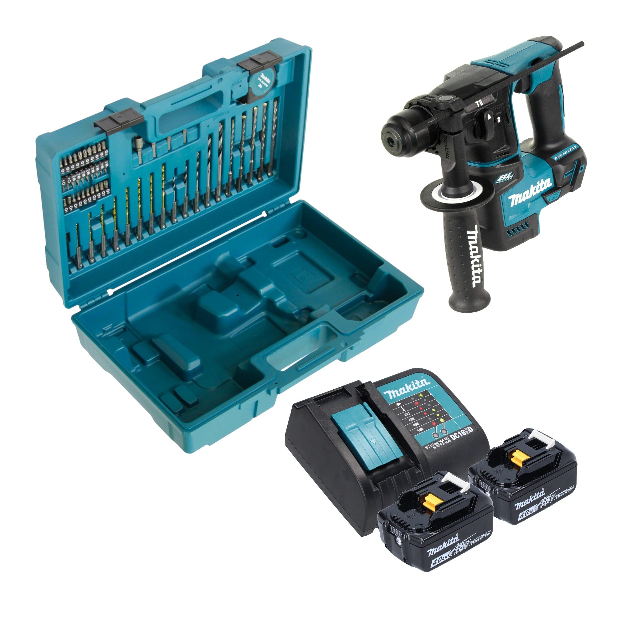 Makita DHR 171 SMX3 Akku Bohrhammer 18 V 1 2 J SDS Plus Brushless 2x Akku 4 0 Ah Ladegeraet 65 tlg Zubehoer Set Koffer 0 - toolbrothers
